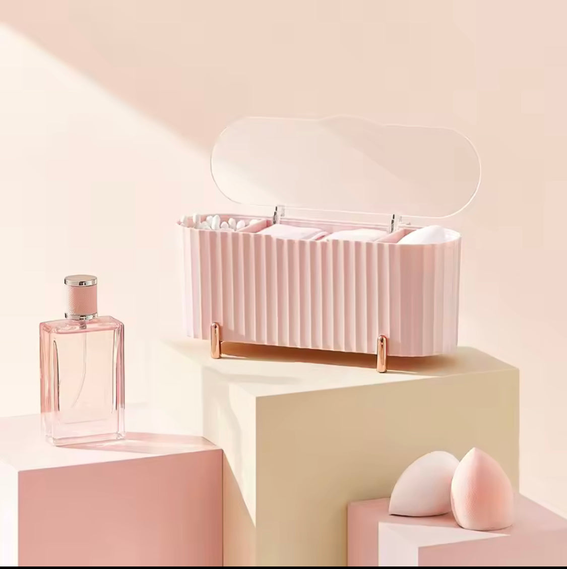 Desktop Cotton Swabs Storage Case, Cosmetic Storage Box With Lid, Beauty Blender Storage Organizer, Makeup Cotton Wipes Organizer Desktop Cotton Swabs Storage Case, Cosmetic Storage Box With Lid, Beauty Blender Storage Organizer, Makeup Cotton Wipes Organizer